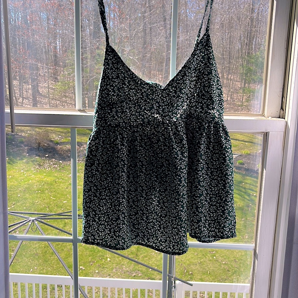 Green shirt with white vine print, elastic bust line, spaghetti strap
